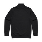 A black half-zip crew jumper with a collar and ribbed cuffs, featuring a logo on the back.
