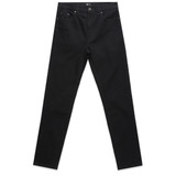 A pair of black jeans with a slim fit, featuring pockets and a logo on the waistband.