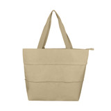 A beige extendable shopping bag with two sturdy handles and a zippered pocket on the front.