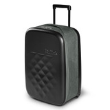 A medium wheeled suitcase featuring a black hard-shell front and a textured green fabric back, with a retractable handle. A medium wheeled suitcase featuring a black hard-shell front and a textured green fabric back, with a retractable handle.