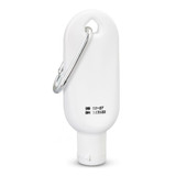 A white 30ml tube of SPF 50+ sun gel with a metal carabiner attached. The product has a smooth, rounded design. A white 30ml tube of SPF 50+ sun gel with a metal carabiner attached. The product has a smooth, rounded design.