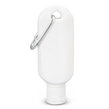 A white tube of SPF 50+ sun gel with a carabiner attached for easy carrying. A white tube of SPF 50+ sun gel with a carabiner attached for easy carrying.