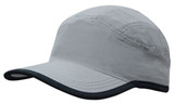 A grey microfibre sports cap with a black trim on the edge of the crown and peak, featuring a logo.