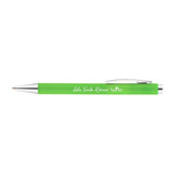 A green plastic pen with a silver clip and an engraved logo on the side. A green plastic pen with a silver clip and an engraved logo on the side.