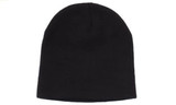 A black rolled down acrylic beanie with a simple design. It features a logo on one side.