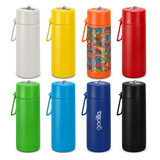 A drink bottle collection featuring various colours: white, yellow, orange, red, green, blue, and black, with one patterned design.