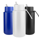 A drink bottle available in blue, white, and black with a straw and a carrying handle. It features a logo.