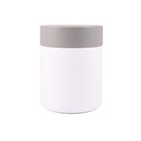 A white food container with a grey lid, featuring a simple and modern design. It has a logo on the side. A white food container with a grey lid, featuring a simple and modern design. It has a logo on the side.