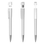 A metallic silver USB pen with a 16GB storage capacity, featuring a click mechanism and a logo.