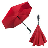 A red inverted umbrella with a black handle, featuring a unique shape and design. It has a logo on the handle.