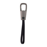 A grey carabiner with a black strap, featuring a logo on the body, designed for attaching items.