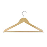 A wooden hanger in a light wood finish with a metallic hook, featuring a smooth design and a sturdy frame.
