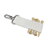 A white golf tee holder with a metal clip, featuring slots for five wooden golf tees.