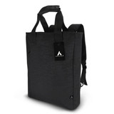 A black totpack with dual handles and shoulder straps, featuring a logo and a tag.