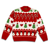 A red and white knitted jumper featuring snowmen, Christmas trees, candy canes, and hearts. It has a logo on the label. A red and white knitted jumper featuring snowmen, Christmas trees, candy canes, and hearts. It has a logo on the label.