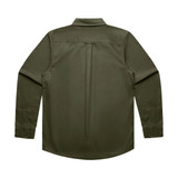 A green work shirt with long sleeves and a back vent detail. It features a collar and buttoned cuffs.