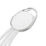 A white charger cable with a circular holder and three braided strands, featuring a metal clip.