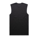 A black sleeveless tank top with a smooth back texture and a small branding logo.