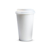 A white paper coffee cup with a plastic lid, holding 350ml of liquid. It features a logo on the surface.