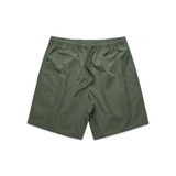 Active training shorts in a muted green tone with an elastic waistband and drawstring, featuring a logo.