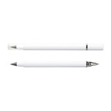A dual-tip pen in white, featuring a stylus tip and a ballpoint tip, with a sleek design and a logo.