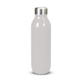 A drink bottle with a sleek, light grey body and a shiny silver lid, featuring a logo.