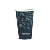 A compostable paper cup in dark colours, featuring coffee and pastry illustrations, with a branding logo.