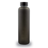 A drink bottle in a sleek matte black finish, featuring a simple, modern design with a dark lid and branding.