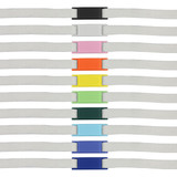 A collection of colourful luxury shoelace charms in black, white, orange, yellow, green, blue, and purple, on grey shoelaces.