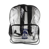 A transparent backpack with black trim and straps, featuring a front pocket and a logo.