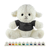 A plush sheep in white fur with a grey shirt, featuring black button eyes and an embroidered face.