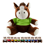 A brown plush horse wearing a green shirt, with eight smaller toy horses in various colours displayed below.