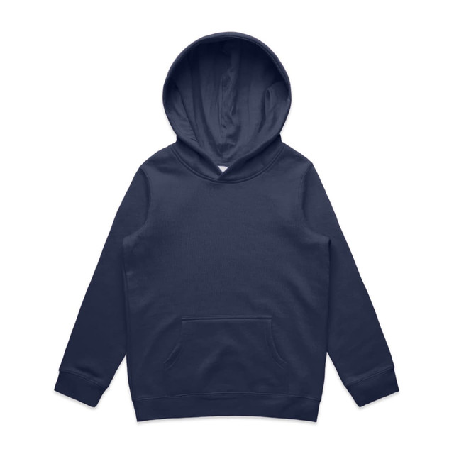 A navy blue hooded sweatshirt with a kangaroo pocket and a plain design. It features a logo on the front.