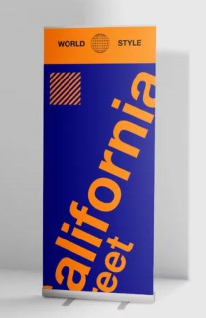 A blue and orange pull-up banner featuring bold text and a patterned design, with a logo at the top.