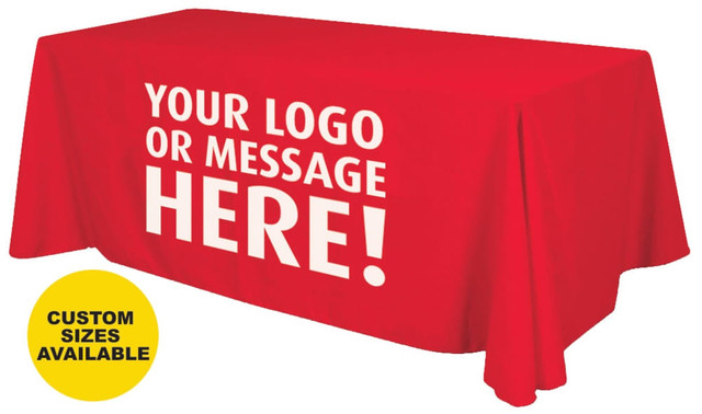 A red table cover with a smooth drape and a logo area for customisation. Yellow circle indicating custom sizes available.