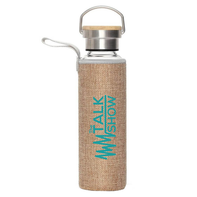 A drink bottle with a stainless steel top, natural bamboo lid, and a brown fabric sleeve. It features a logo.