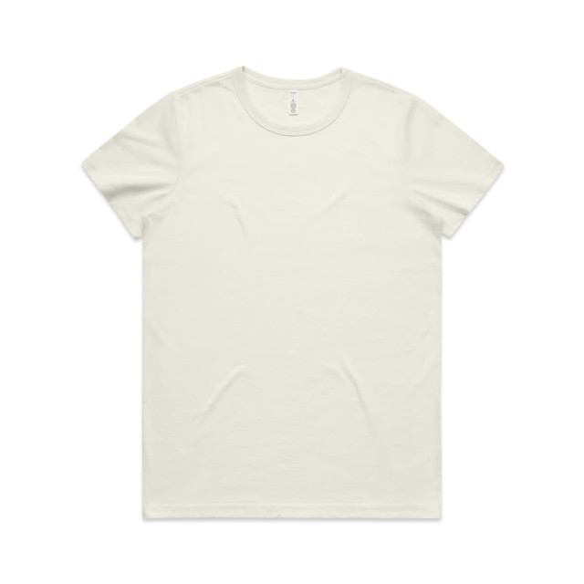 A light cream-coloured t-shirt with a round neckline, featuring a logo on the label.