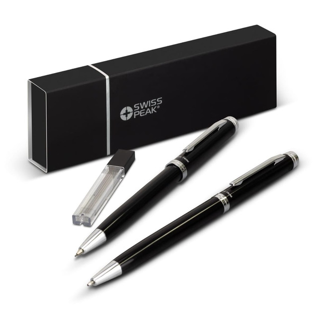 A black pen and pencil set with silver accents, presented in a sleek black box with a logo. A black pen and pencil set with silver accents, presented in a sleek black box with a logo.