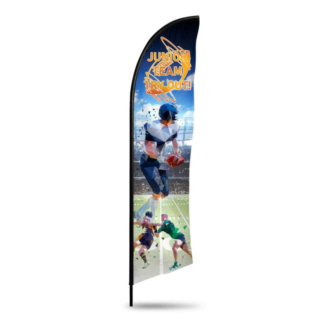 A medium feather flag kit featuring a blue and orange design, depicting sports players in action. Includes a logo.