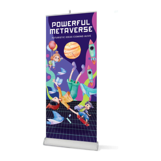 A pull-up banner stand featuring a vibrant design with characters, planets, and rockets in purple and green.