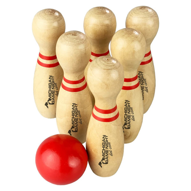 A wooden bowling set featuring six pins with red stripes and a red bowling ball. The set includes a logo.