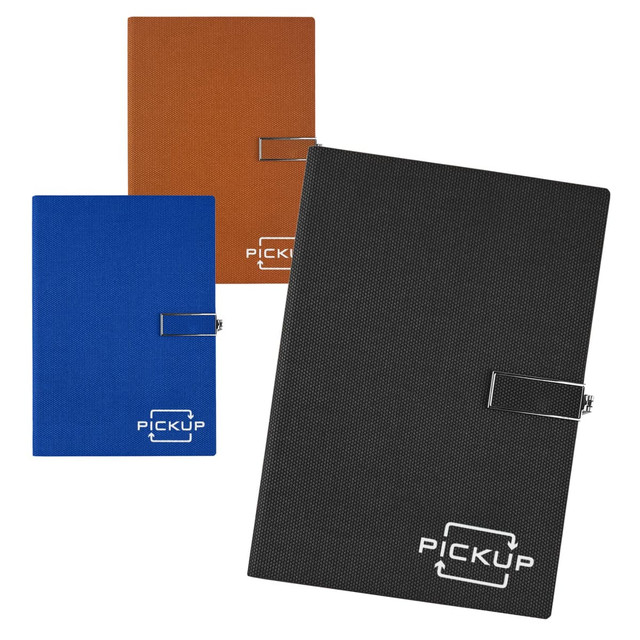 Three notebooks in orange, blue, and black, each featuring a logo on the cover.