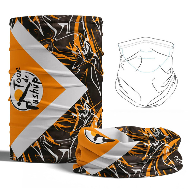 A tubular bandana in black, orange, and white featuring a logo and abstract design.