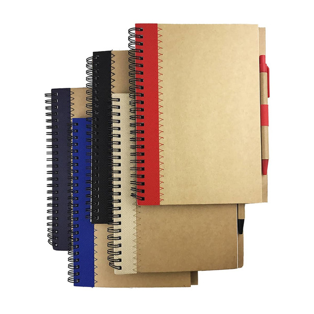 A collection of A5 recycled paper notebooks in various colours, featuring spiral bindings and one with a pen holder.