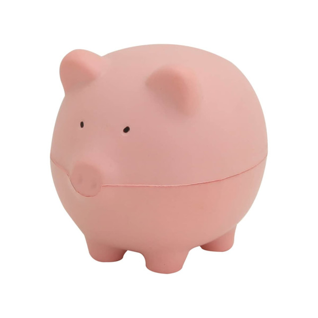 A pink stress pig in a rounded design, featuring a smooth surface and small ears, with a simple facial expression.