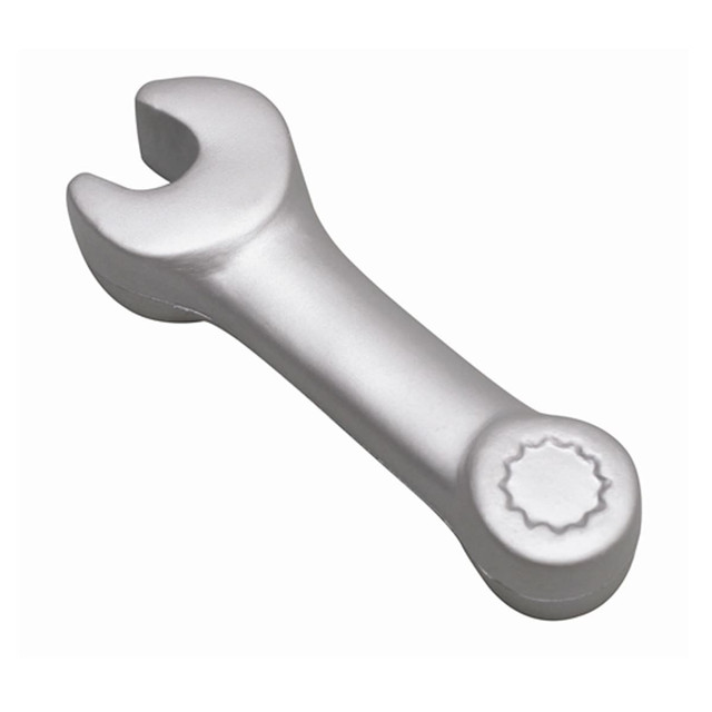 A silver stress toy shaped like a spanner, featuring a rounded handle and an open-ended jaw.