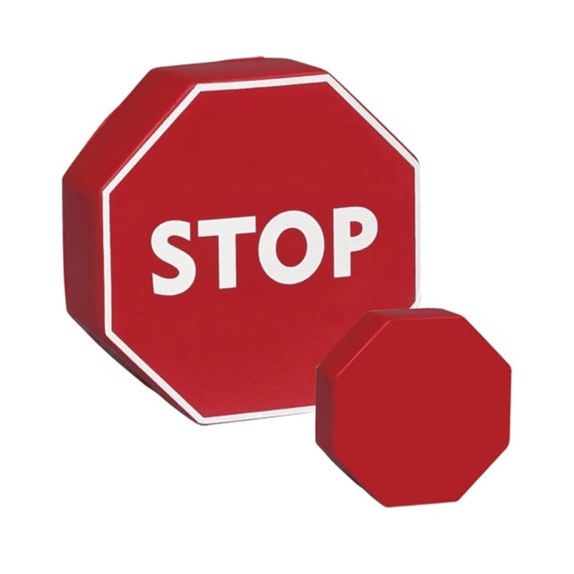 A red octagonal stress reliever shaped like a stop sign, featuring a logo. Available in two sizes.