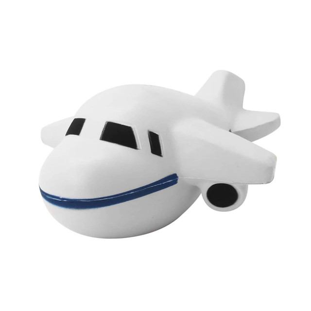 A white stress toy shaped like an aeroplane, featuring black windows and a blue stripe.