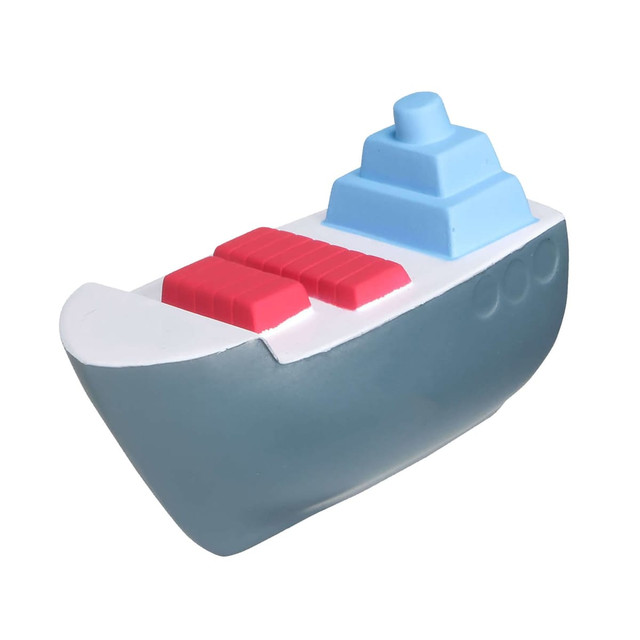 A stress relief toy shaped like a cargo ship, featuring grey and blue with red shipping containers on top.
