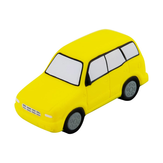 A yellow stress SUV toy with grey wheels and a simple design, featuring a logo on its body.